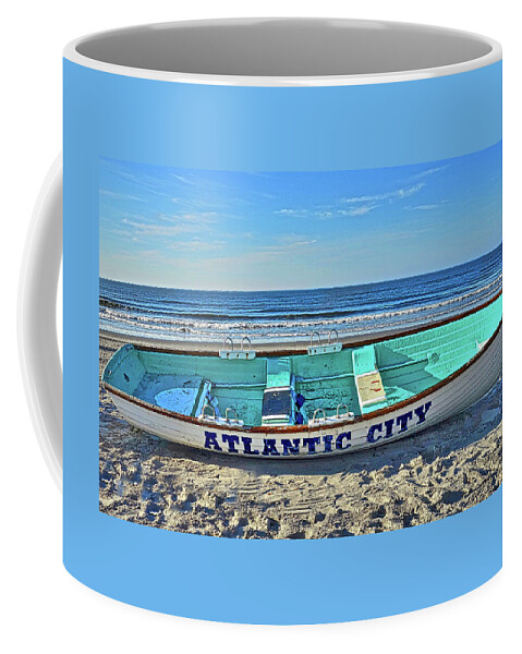 Atlantic City New Jersey Lifeguard Rescue Rowboat Coffee Mug featuring the photograph Atlantic City Rowboat by Joan Reese
