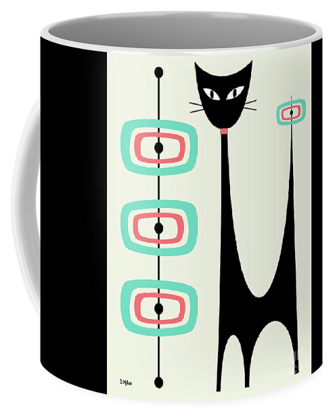 Mid Century Modern Coffee Mug featuring the digital art Atomic Cat Orbs Aqua and Pink on Cream by Donna Mibus