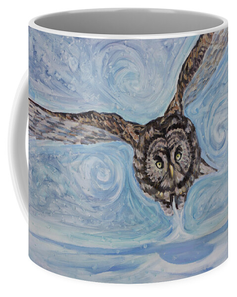 Owl Flight Bird Aerodynamic Snow Air Winter White Sky Chase Snowflake Prey Raptor Wing Coffee Mug featuring the painting Attack Form The Sky by Marco Busoni