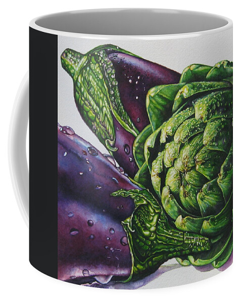 Aubergines And An Artichoke Painting Coffee Mug featuring the painting Aubergines and an Artichoke by Tracy Male