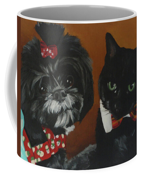 Dog And Cat Coffee Mug featuring the painting AuBrie and Savvy by Carol Russell