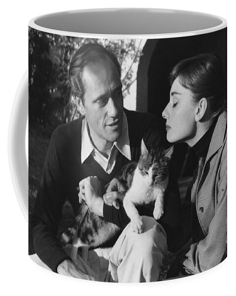 B&w Coffee Mug featuring the photograph Audrey Hepburn and Mel Ferrer by George Daniell