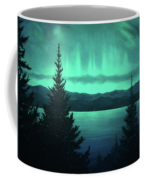Aurora Coffee Mug featuring the painting Aurora Over Lake Pend Oreille by Lucy West