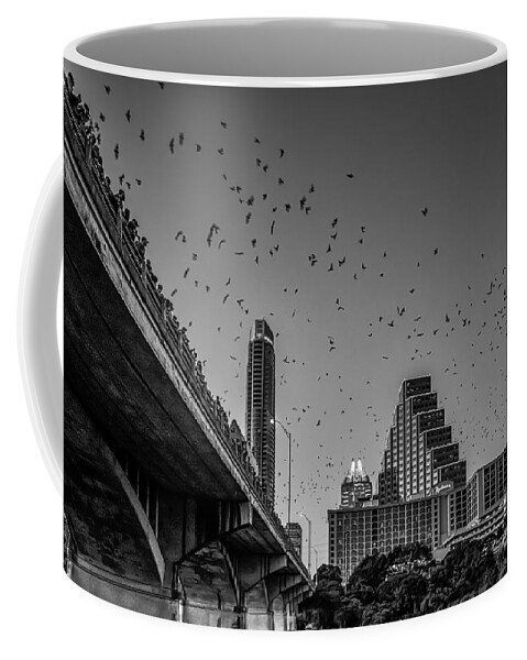 Texas Coffee Mug featuring the photograph Austin Bat Watch Black and White by Bee Creek Photography - Tod and Cynthia