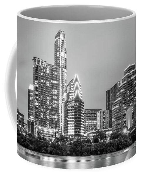 100 Congress Building Coffee Mug featuring the photograph Austin Texas Skyine at Night Black and White Photo by Paul Velgos