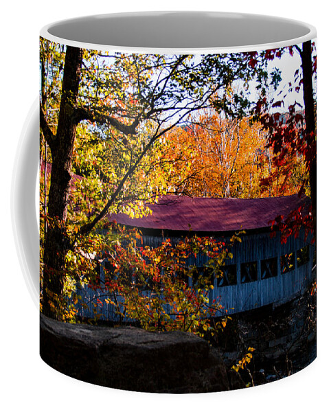 #jefffolger #vistaphotography Coffee Mug featuring the photograph autumn arrives at the Albany covered bridge by Jeff Folger
