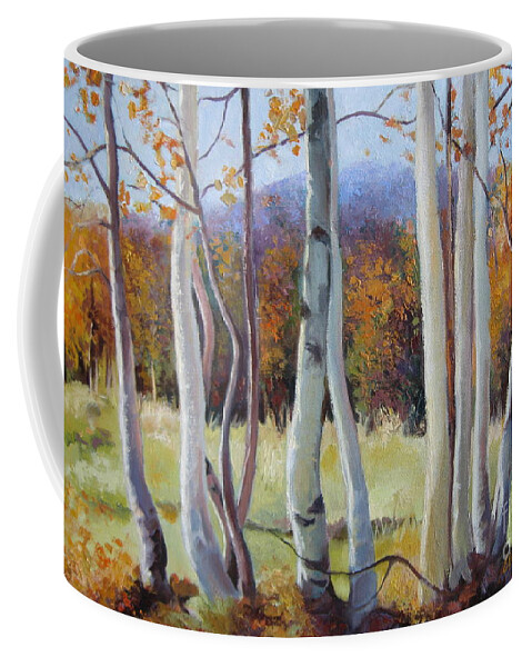 Birch Coffee Mug featuring the painting Autumn birches by Elena Oleniuc