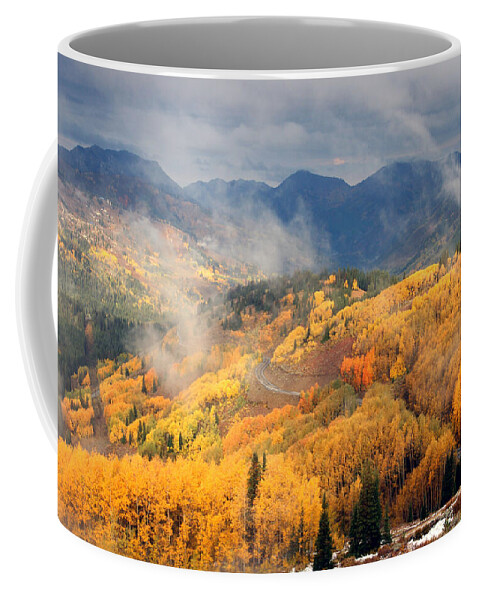 Landscape Coffee Mug featuring the photograph Autumn Color and Fog by Brett Pelletier