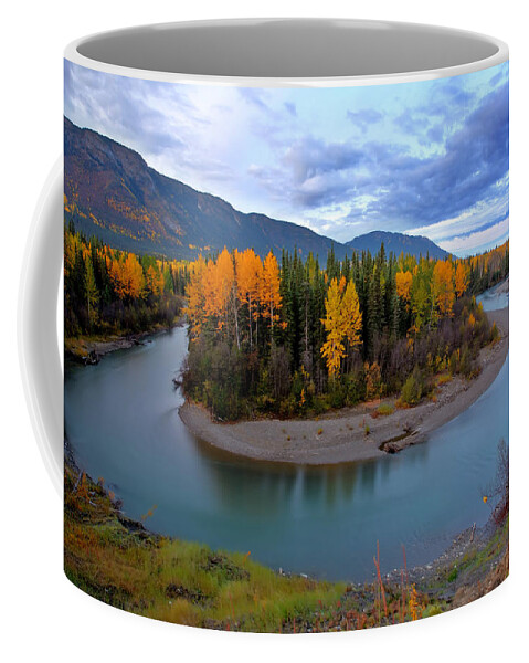 River Coffee Mug featuring the digital art Autumn colors along Tanzilla River in Northern British Columbia by Mark Duffy