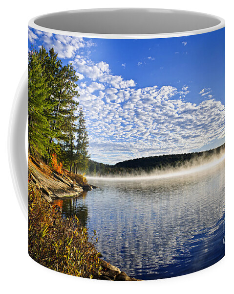 Foggy Coffee Mug featuring the photograph Autumn lake shore with fog by Elena Elisseeva