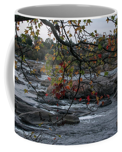 Fall Coffee Mug featuring the photograph Autumn leaves frame the James River by Liz Albro