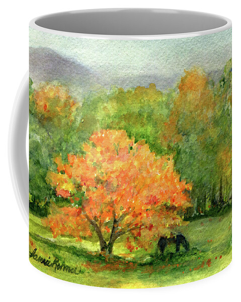 Watercolor Coffee Mug featuring the painting Autumn Maple with Horses Grazing by Laurie Rohner