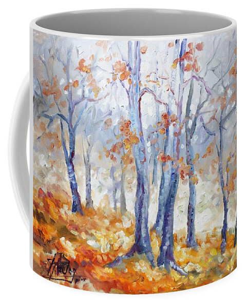 Forest Coffee Mug featuring the painting Autumn mist - morning by Irek Szelag