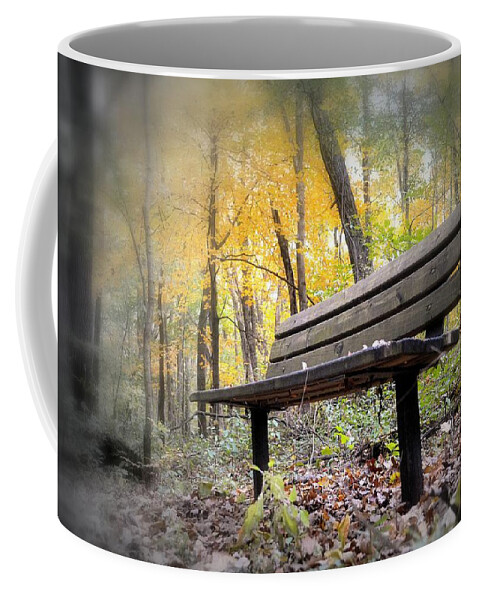 Woods Coffee Mug featuring the photograph Autumn Park Bench by Bonfire Photography