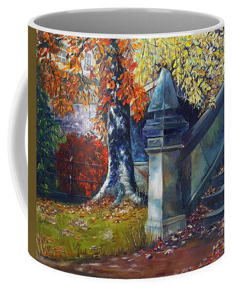 Fall Coffee Mug featuring the painting Autumn under the Bridge by Connie Rish