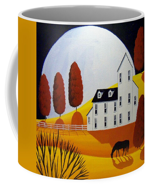 Folk Art Coffee Mug featuring the painting Autumn Wonder Moon - country farm folk art by Debbie Criswell