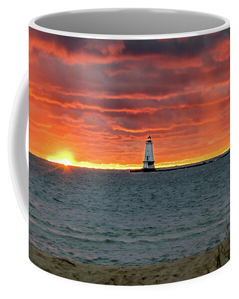 Ludington Mi Coffee Mug featuring the photograph Awesome Sunset with Lighthouse by Lester Plank