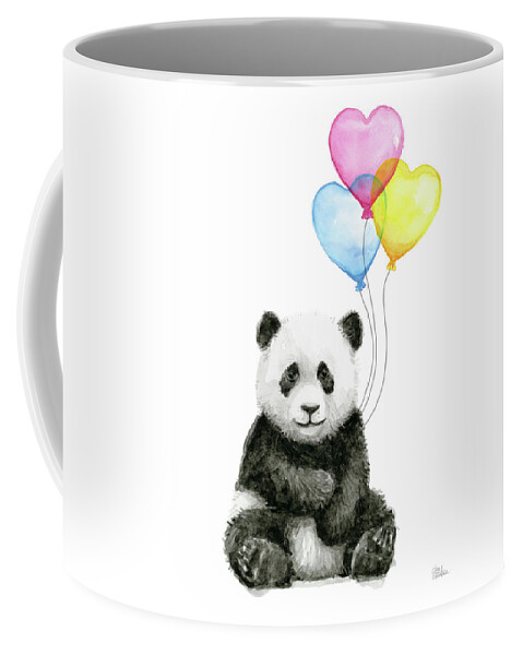 Baby Panda Coffee Mug featuring the painting Baby Panda with Heart-Shaped Balloons by Olga Shvartsur