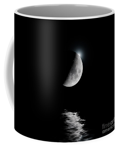 Astronomical Coffee Mug featuring the photograph Backlit moon with white star over water by Simon Bratt