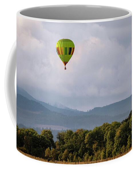 Hot Air Balloon Coffee Mug featuring the photograph Balloon Over Farmland by Catherine Avilez