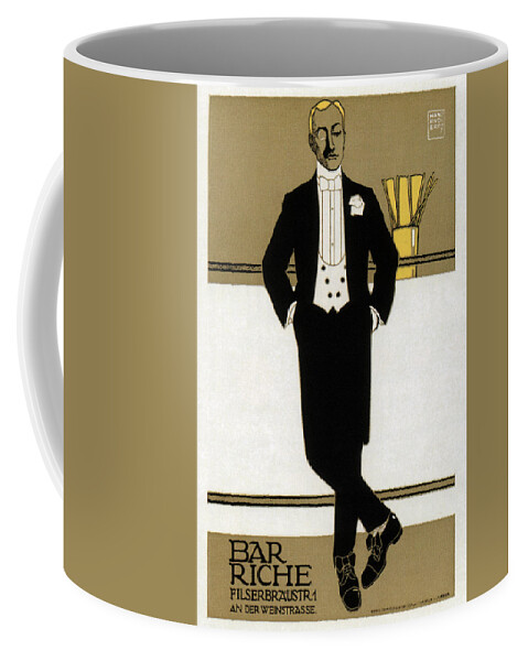 Bar Riche Coffee Mug featuring the mixed media Bar Riche - Gentleman In Tuxedo - Vintage Advertising Poster by Studio Grafiikka