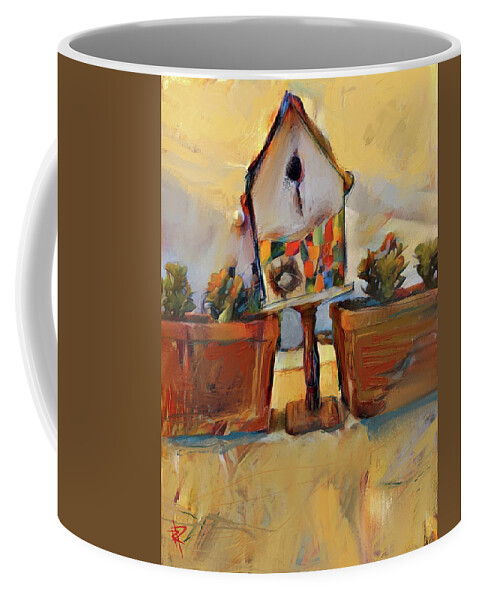 Birdhouse Coffee Mug featuring the mixed media Barb's Bird House by Russell Pierce