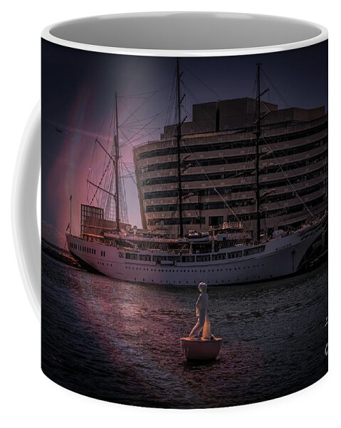 Spain Coffee Mug featuring the photograph Barcelona Harbor Night Set Yacht by Chuck Kuhn