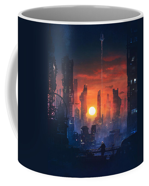 Scifi Coffee Mug featuring the painting Barcelona Smoke and Neons The End by Guillem H Pongiluppi