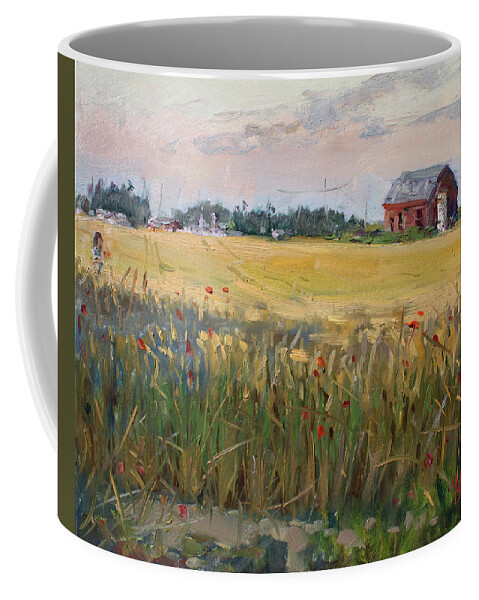 Barn Coffee Mug featuring the painting Barn in a Field of Grain by Ylli Haruni