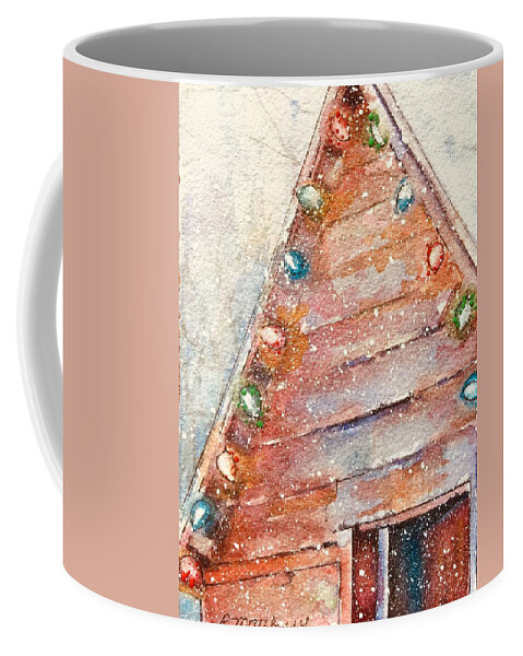Christmas Cards By Rebecca Matthews Coffee Mug featuring the painting Barn in snow by Rebecca Matthews