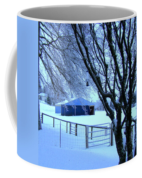 Snow Coffee Mug featuring the photograph Barn in the snow by Lisa Rose Musselwhite