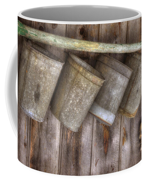 Sap Cans Coffee Mug featuring the photograph Barn Scenes - Old Skates And Sap Cans by Joann Vitali