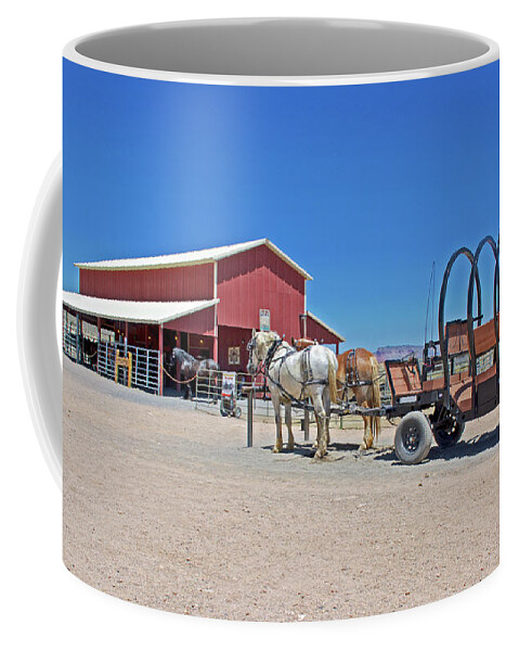 Barn With Horses And Uncovered Wagon On Hualapai Ranch In Grand Canyon West Coffee Mug featuring the photograph Barn with Horses and Uncovered Wagon on Hualapai Ranch in Grand Canyon West, Arizona by Ruth Hager