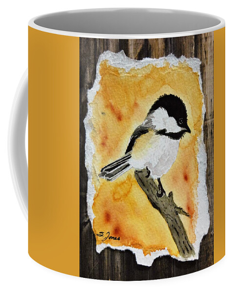 Chickadee Coffee Mug featuring the painting Barnwood Chickadee by Sonja Jones