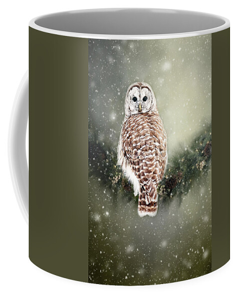 Barred Owl Print Coffee Mug featuring the photograph Barred Owl in the Snow by Gwen Gibson