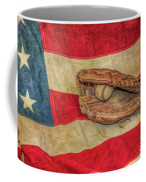 Baseball Glove And Ball On Us Flag Coffee Mug featuring the photograph Baseball Glove and Ball on US Flag by Randy Steele