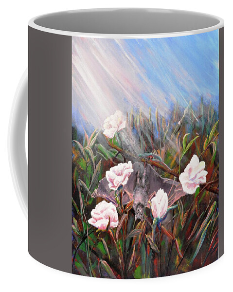 Bat Coffee Mug featuring the painting Bat in Rose Bush by Medea Ioseliani