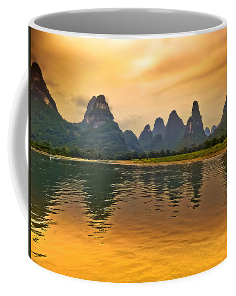 Sunset Coffee Mug featuring the photograph Bathing in the golden landscape-China Guilin scenery Lijiang River in Yangshuo by Artto Pan