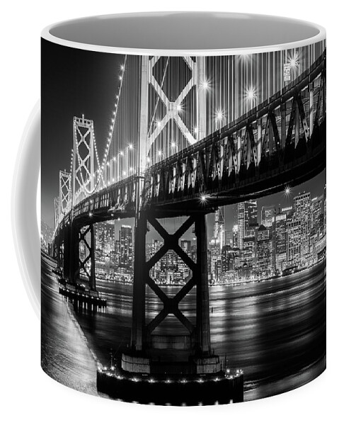 Bay Area Coffee Mug featuring the photograph Bay Bridge and San Francisco By Night 10 Monochrome by Jason Chu