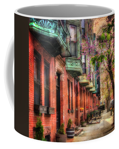 Boston Coffee Mug featuring the photograph Bay Village Brownstones and Cherry Blossoms - Boston by Joann Vitali