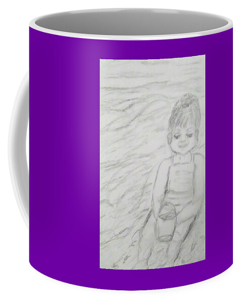Children Coffee Mug featuring the drawing  Beach Baby by Suzanne Berthier