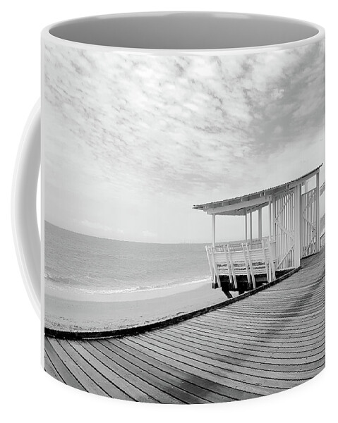Beach Coffee Mug featuring the photograph beach boardwalk BnW by Michael Blaine