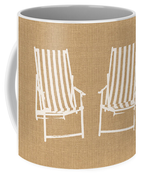 Chairs Coffee Mug featuring the mixed media Beach Chairs on Burlap- Art by Linda Woods by Linda Woods