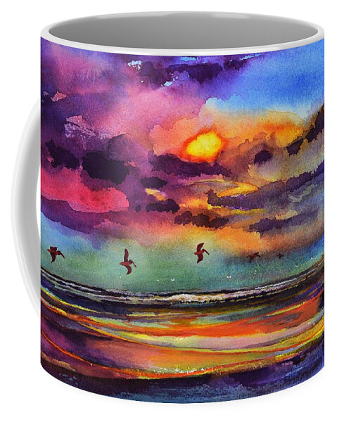 Abstract Coffee Mug featuring the painting Beach sunrise with Pelicans 7-10-17 by Julianne Felton