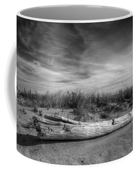 Beach Coffee Mug featuring the photograph Beached log at Shinnecock by Steve Gravano