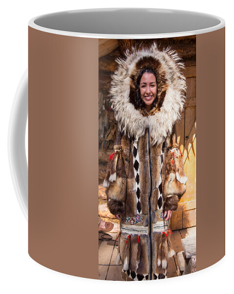 Fashion Coffee Mug featuring the photograph Beautiful Fashioned Coat with Wolverine hood. by Allan Levin