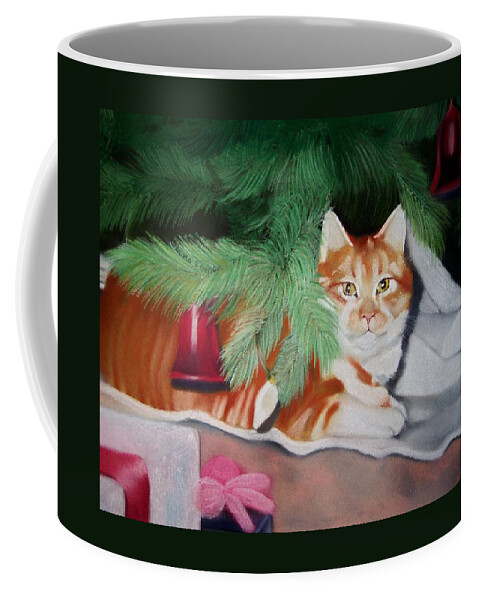 Orange Tabby Under Xmas Tree Coffee Mug featuring the pastel Beautiful George by Marika Evanson