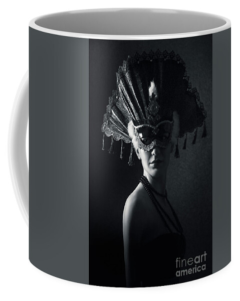 Fashion Coffee Mug featuring the photograph Beautiful Girl With Venetian Carnival Mask in Black and White by Dimitar Hristov
