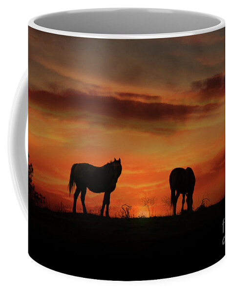 Horse Coffee Mug featuring the photograph Beautiful Horses and Sunrise, Silhouetted Southwestern Colors by Stephanie Laird