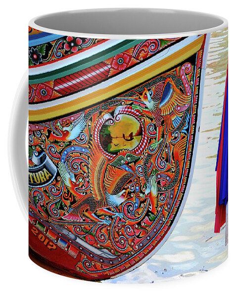 Boat Coffee Mug featuring the photograph Beautiful painted Asian dragon and floral art on hull of Thai fishing boat Pattani Thailand by Imran Ahmed